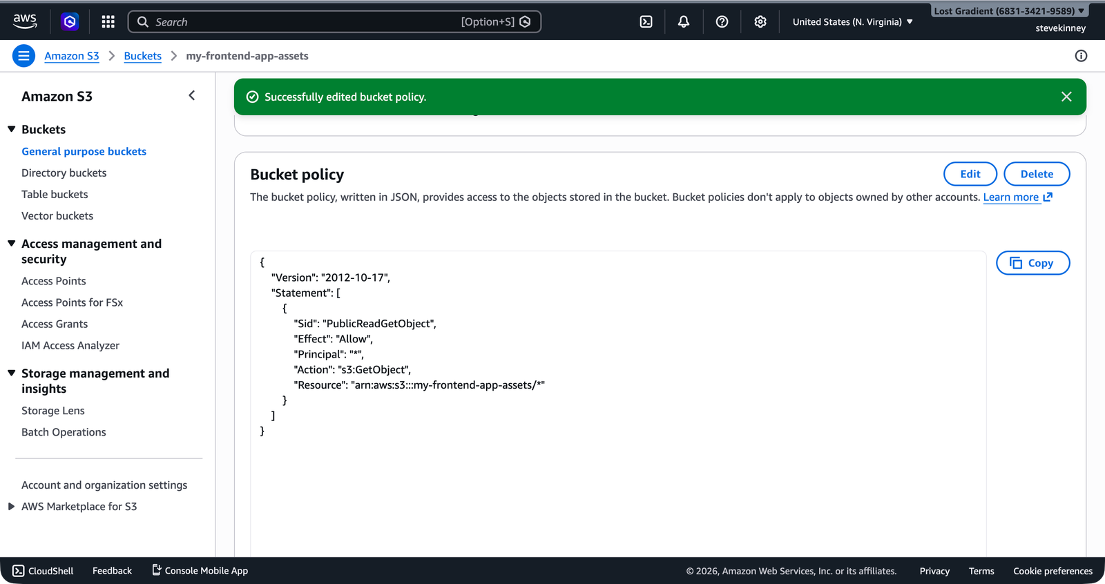The S3 bucket Permissions tab showing the applied bucket policy granting public read access to all objects.
