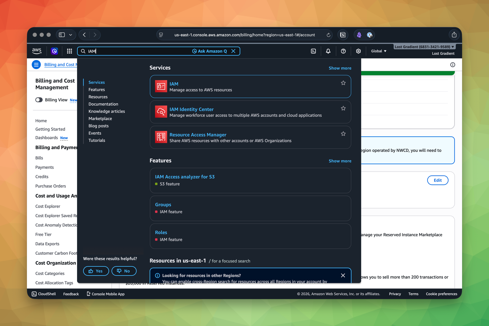 AWS global search showing IAM as the primary service result.