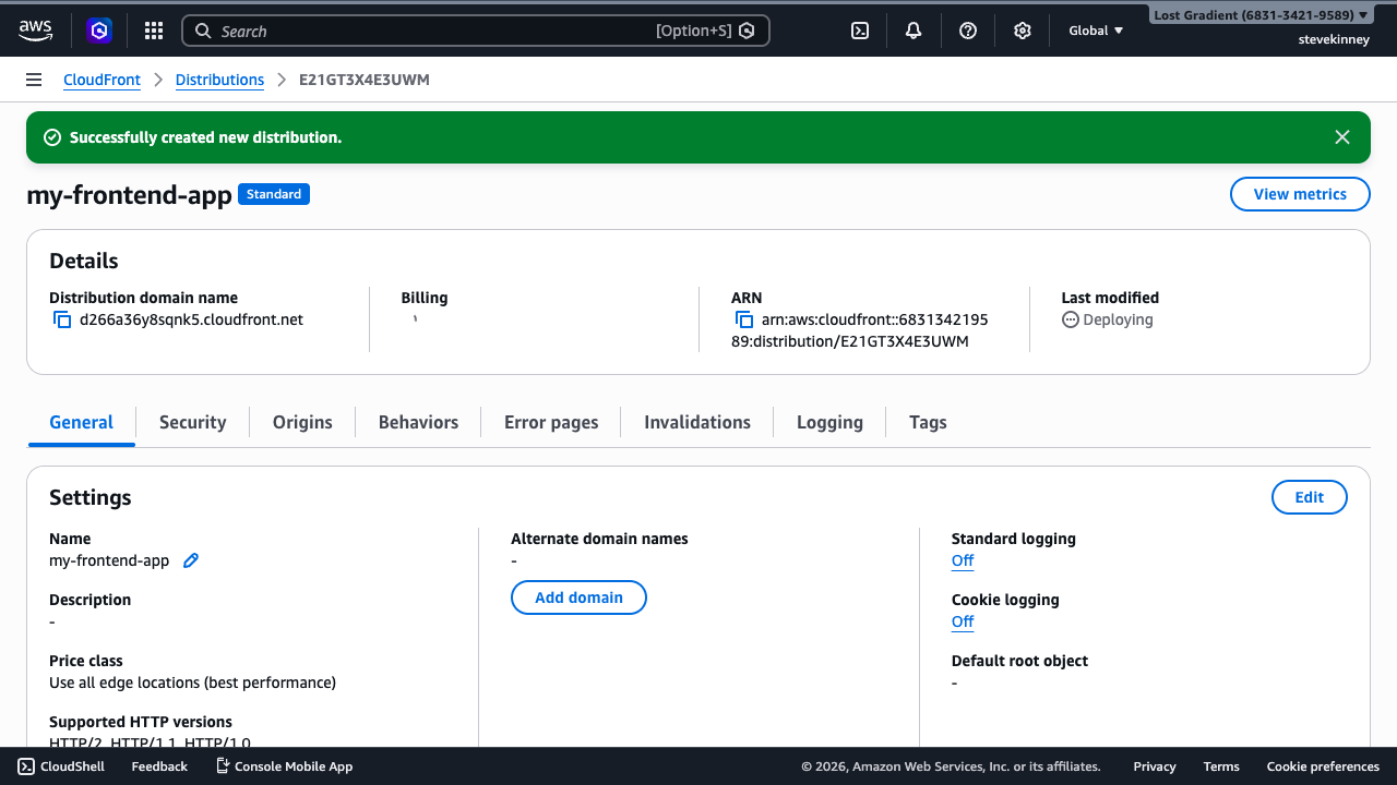 CloudFront distribution detail page showing the distribution as Deploying immediately after creation.