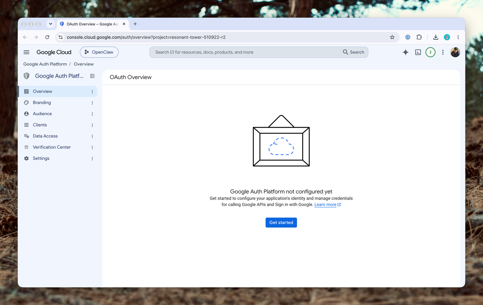 The Google Auth Platform overview page, not yet configured