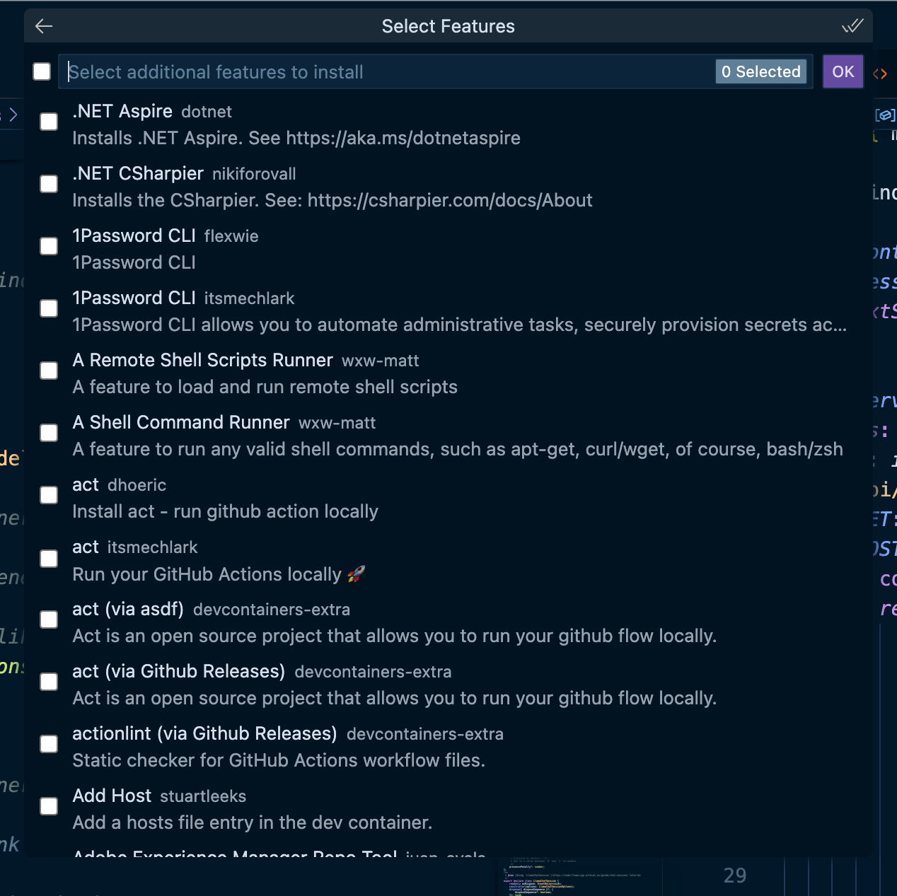 Dialog for selecting additional features for the dev container