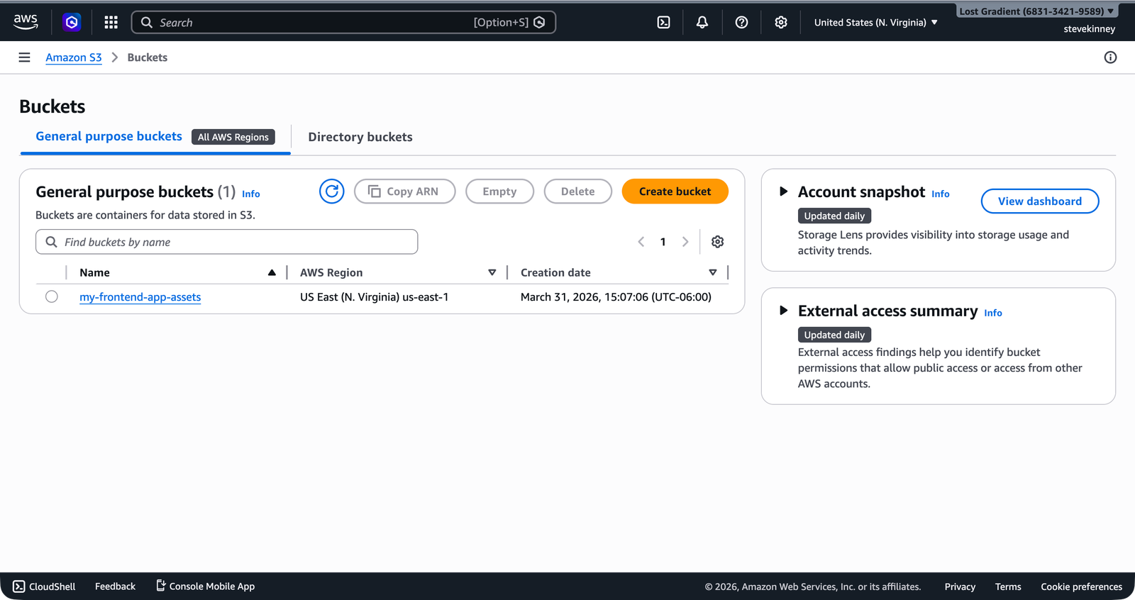 The S3 Buckets list showing the newly created my-frontend-app-assets bucket with its creation date and region.