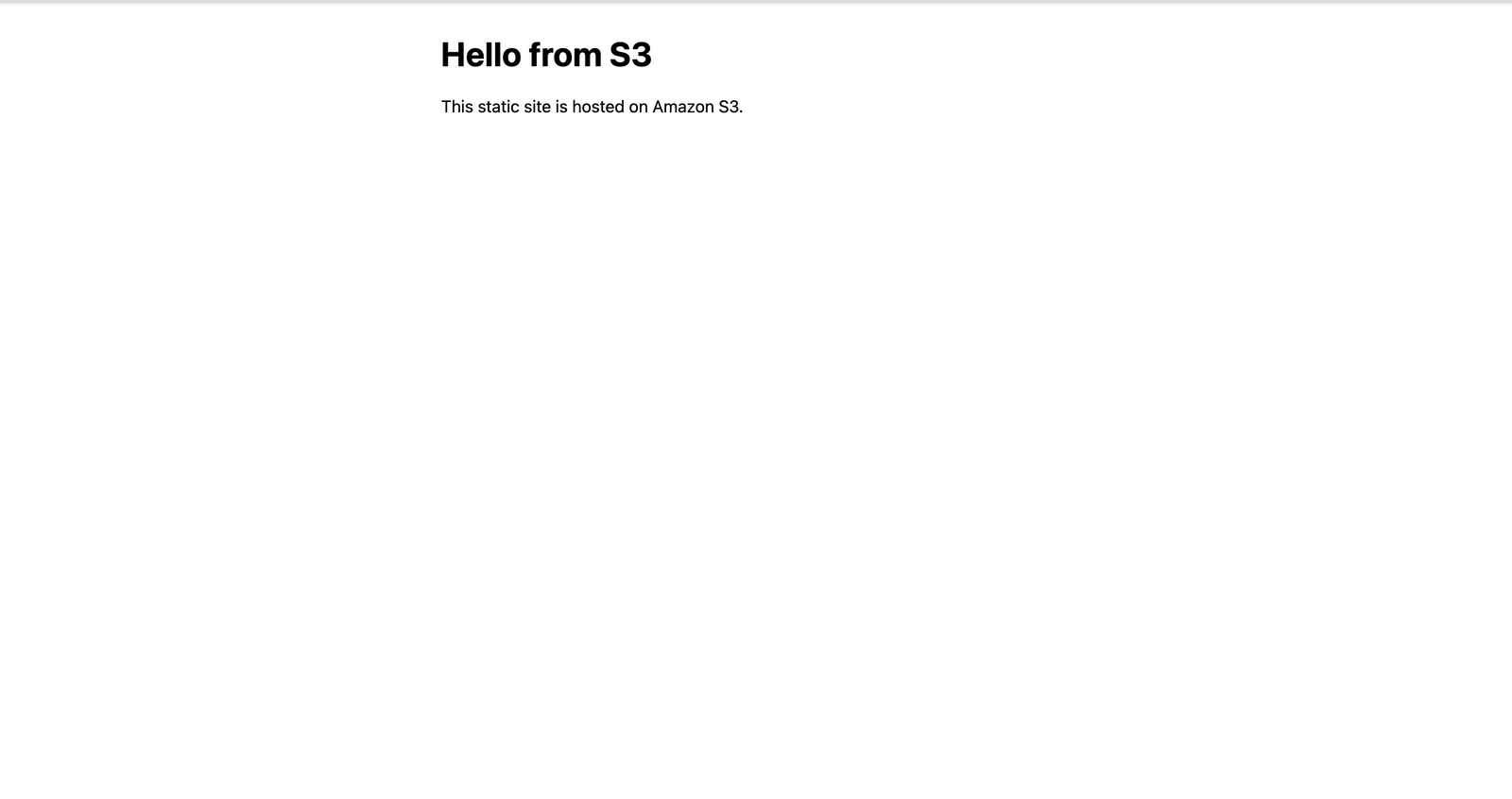 Browser showing the deployed S3 static site with the Hello from S3 heading on a dark background and a page-load timestamp.