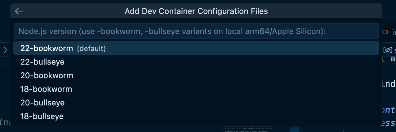 Dialog for selecting Node.js version for the container