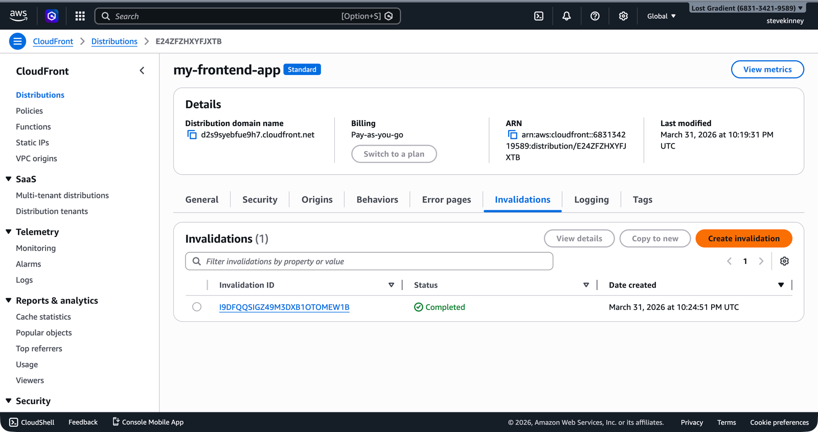The CloudFront Invalidations tab showing the invalidation with Completed status.