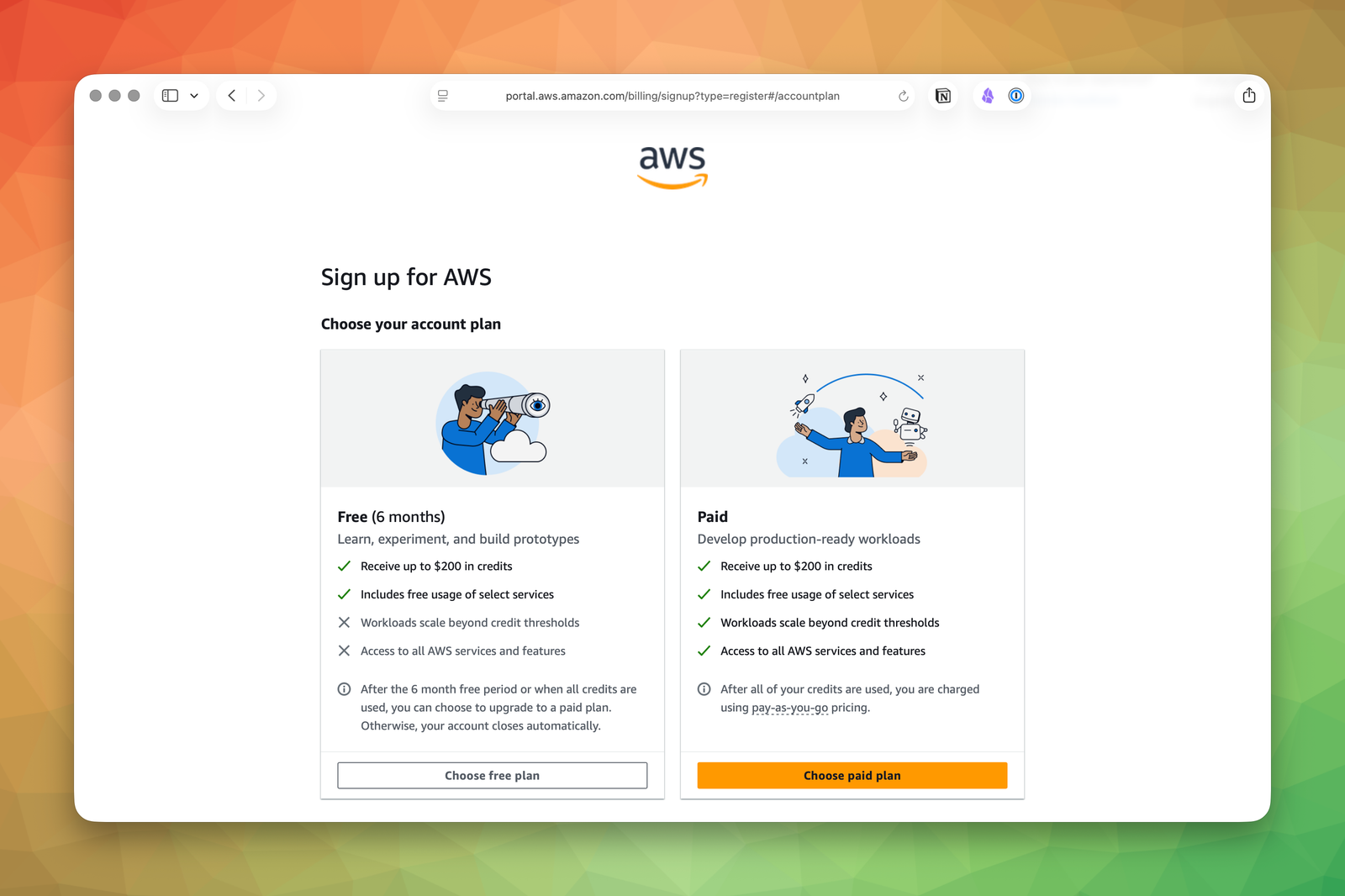 Account plan selection screen offering the Free and Paid account plans during signup.