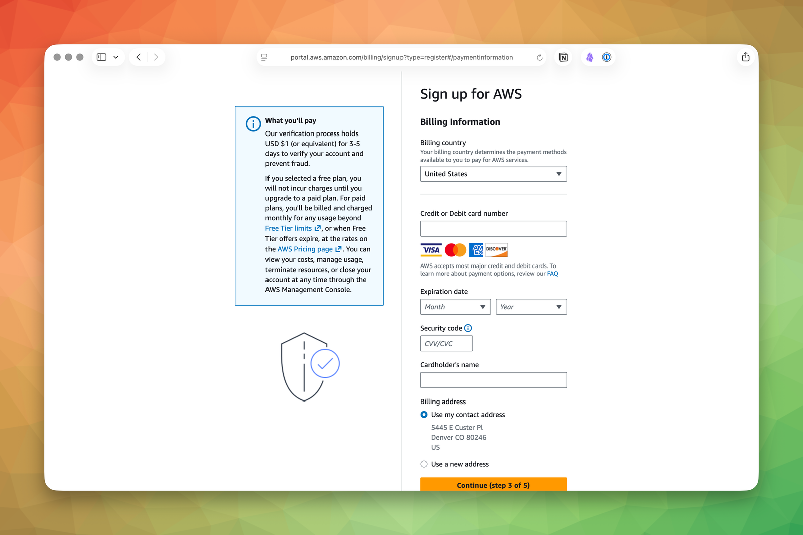 Billing information form during AWS signup asking for card details and billing address.