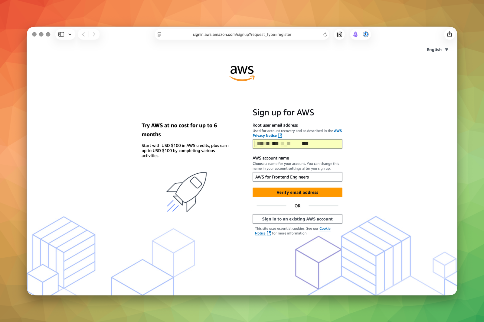 AWS signup screen asking for the root user email address and AWS account name.