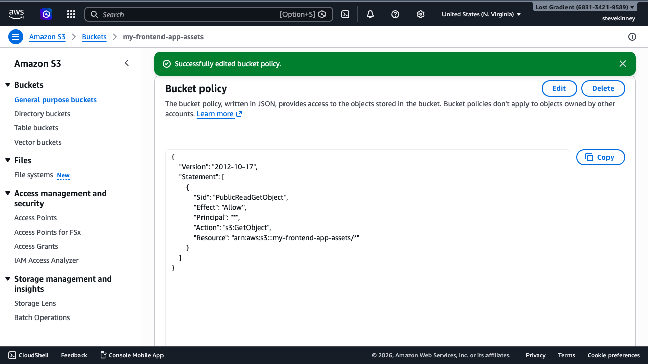 The S3 bucket Permissions tab showing the applied bucket policy granting public read access to all objects.