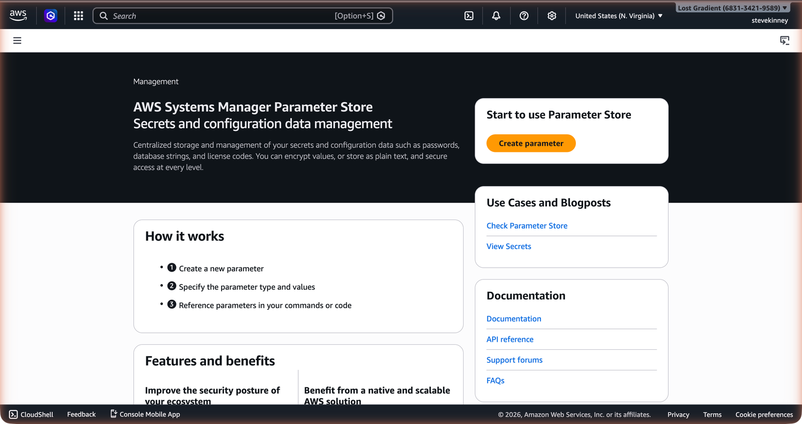 The AWS Systems Manager Parameter Store list view showing parameters with their names, types, and last modified dates.
