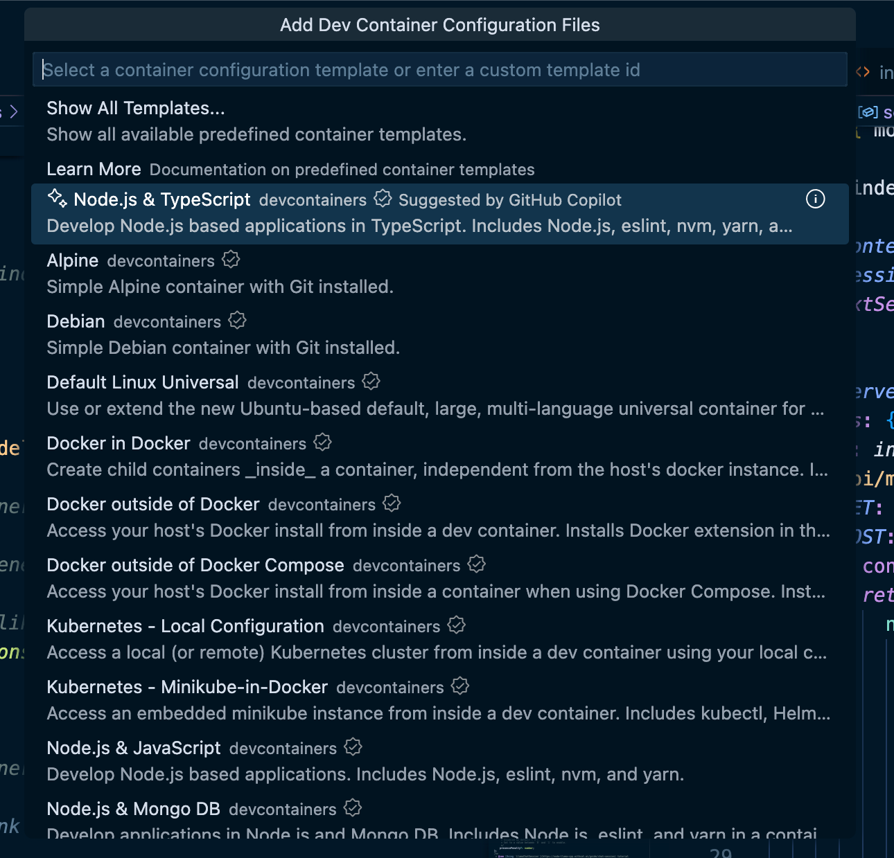 Dialog for selecting a prebuilt container configuration