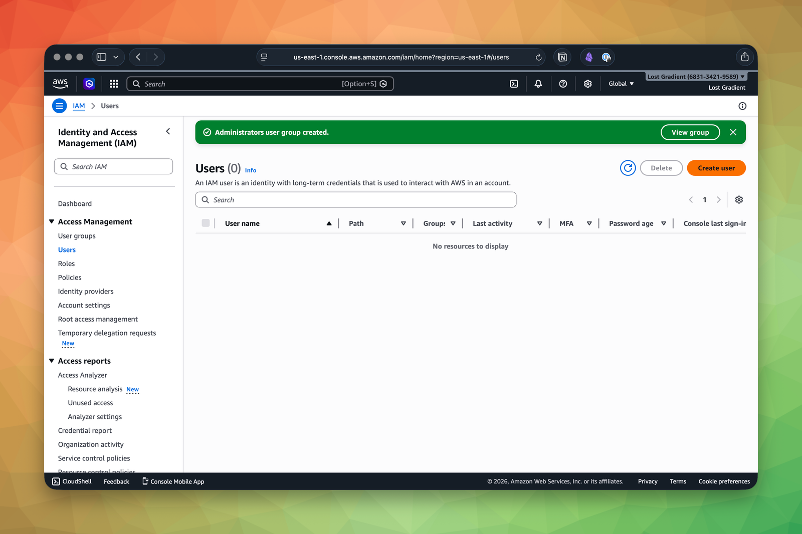 IAM users page after creating the Administrators group, with the Create user button visible.