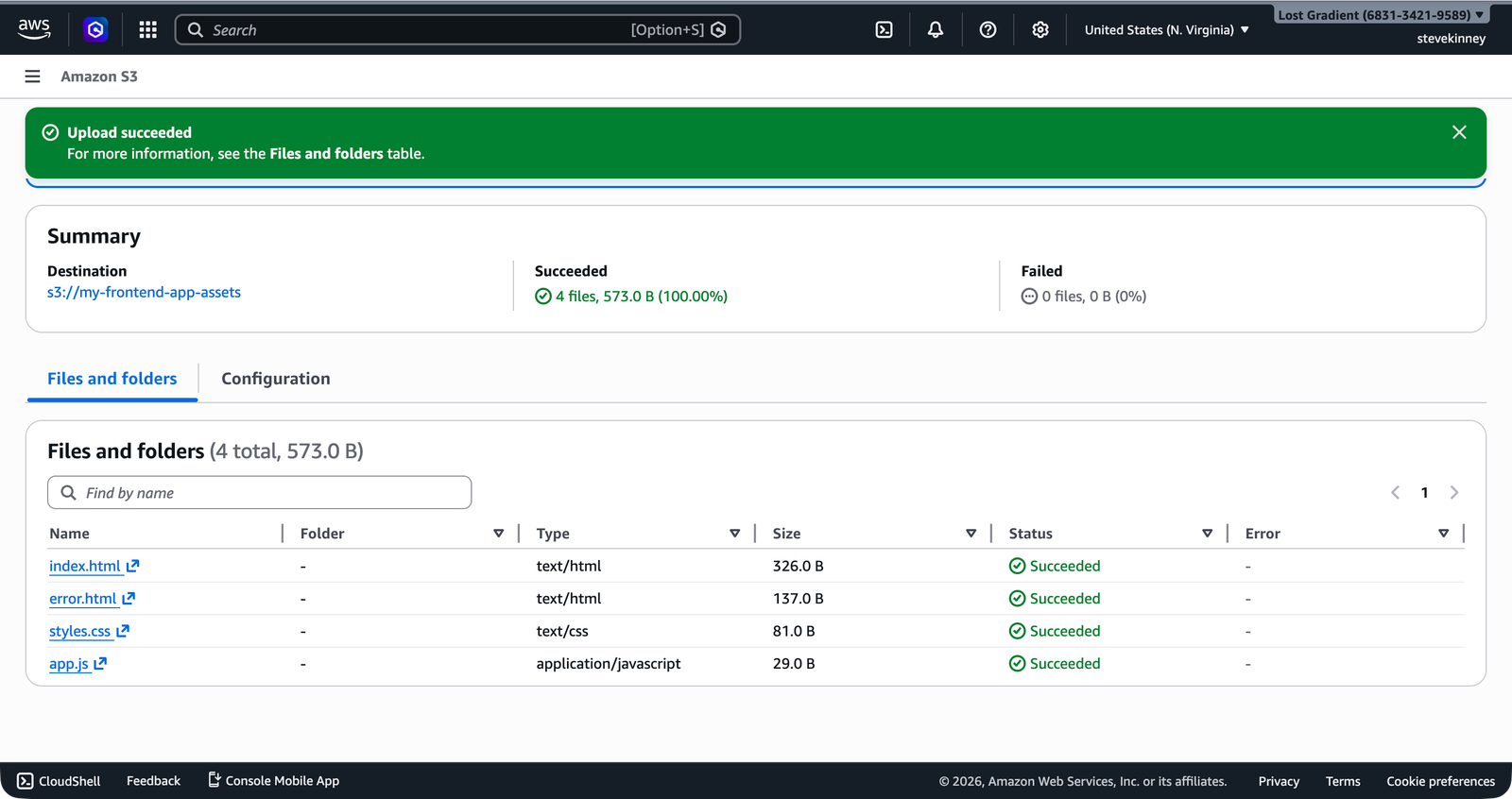 The S3 upload success page confirming all four files were uploaded successfully.