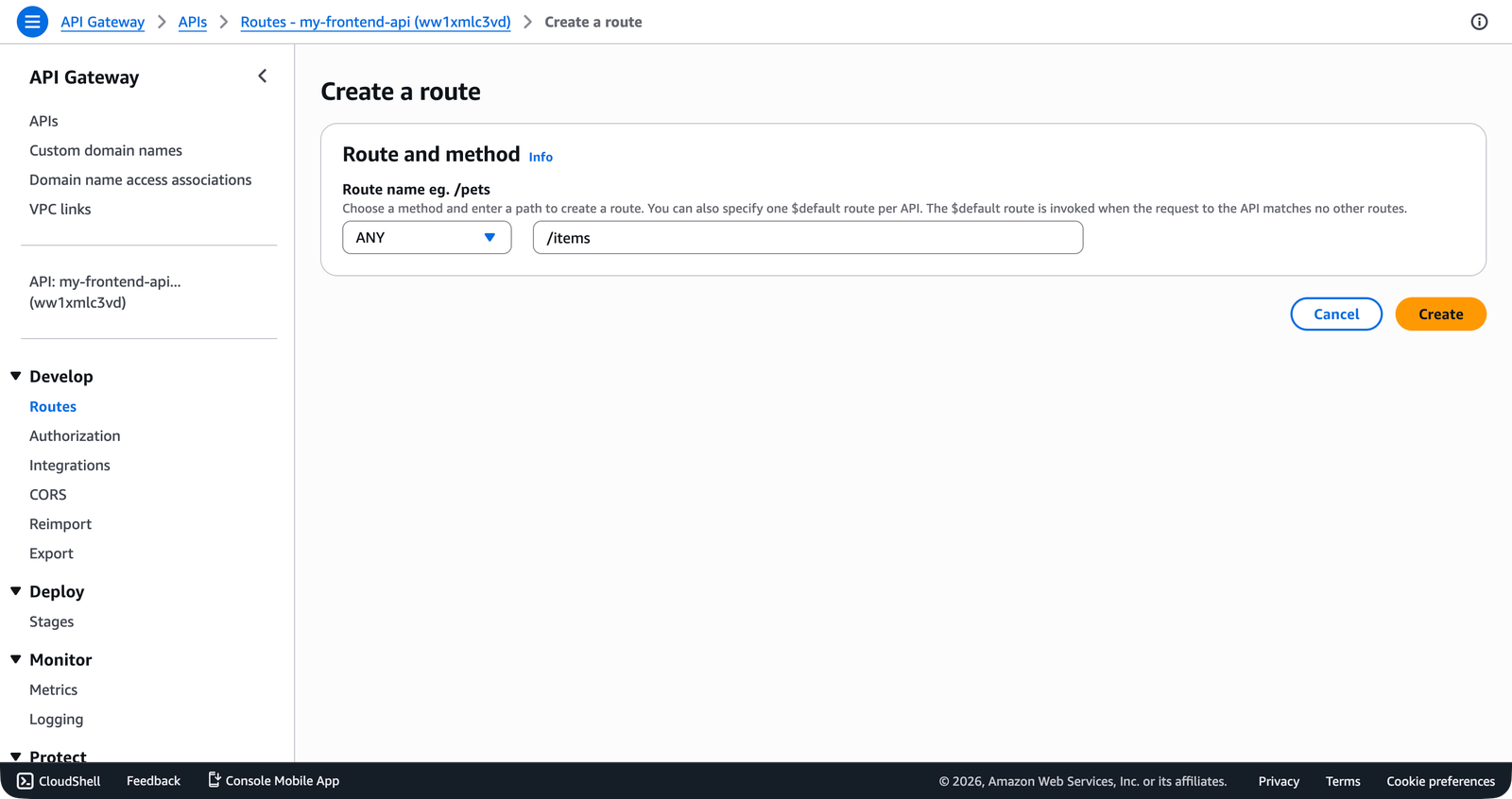 The API Gateway Create a route form showing the method set to ANY and the path field filled with /items.