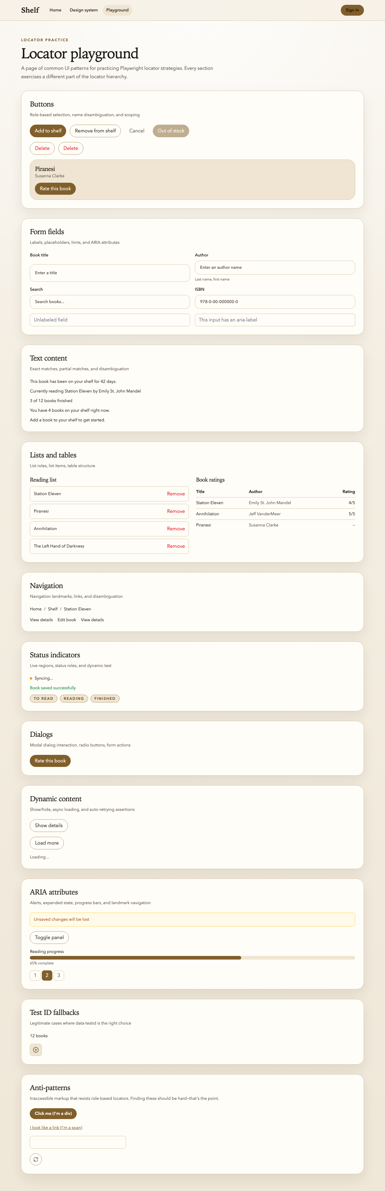 The eleven locator-practice sections on the shipped /playground page