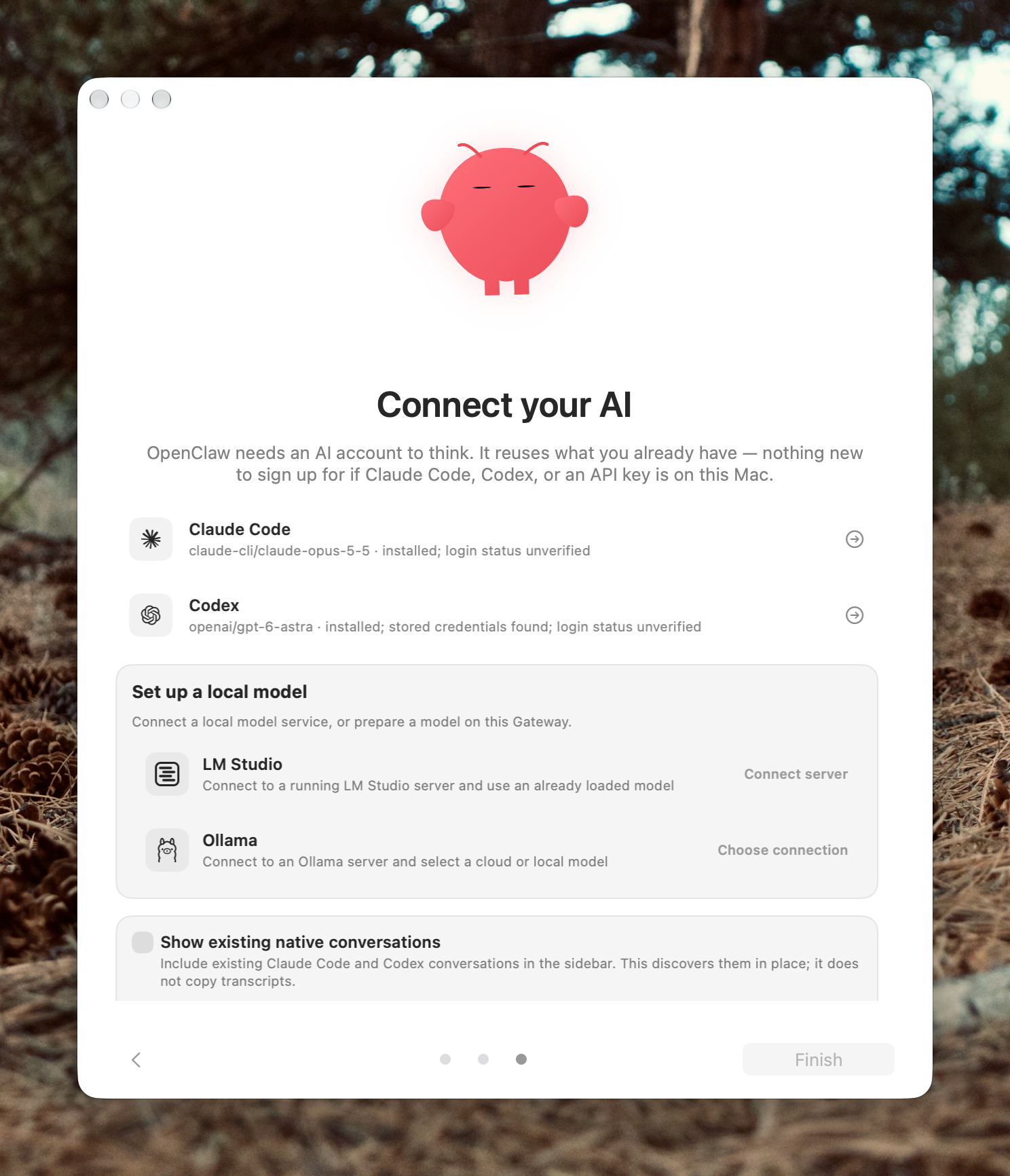 The Connect your AI screen listing Claude Code, Codex, LM Studio, and Ollama