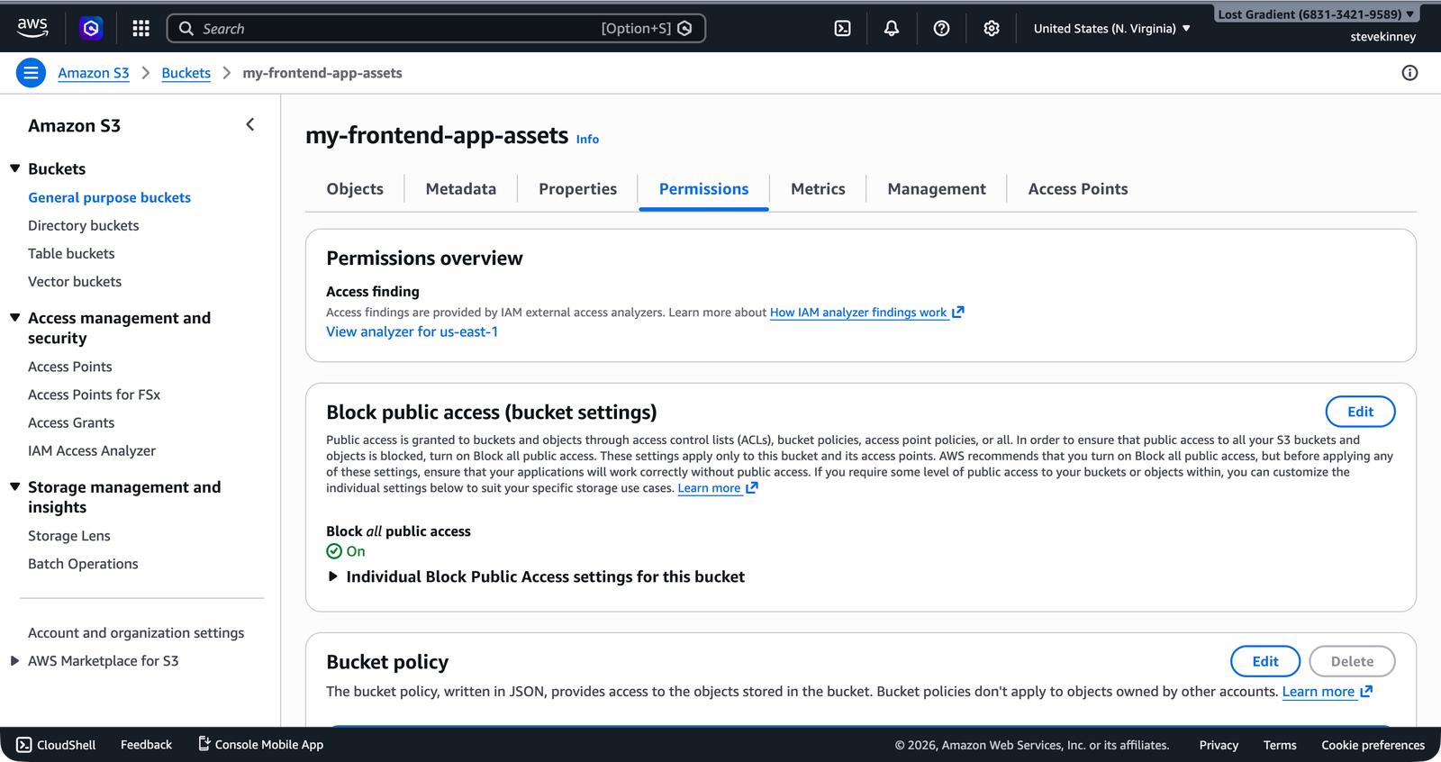S3 bucket Permissions tab showing the Block Public Access setting labeled On with all four restrictions active.