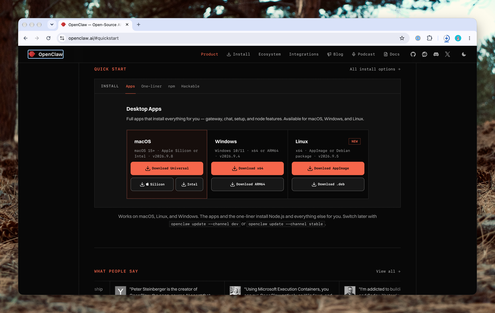 The OpenClaw website's quick start section showing desktop app downloads for macOS, Windows, and Linux