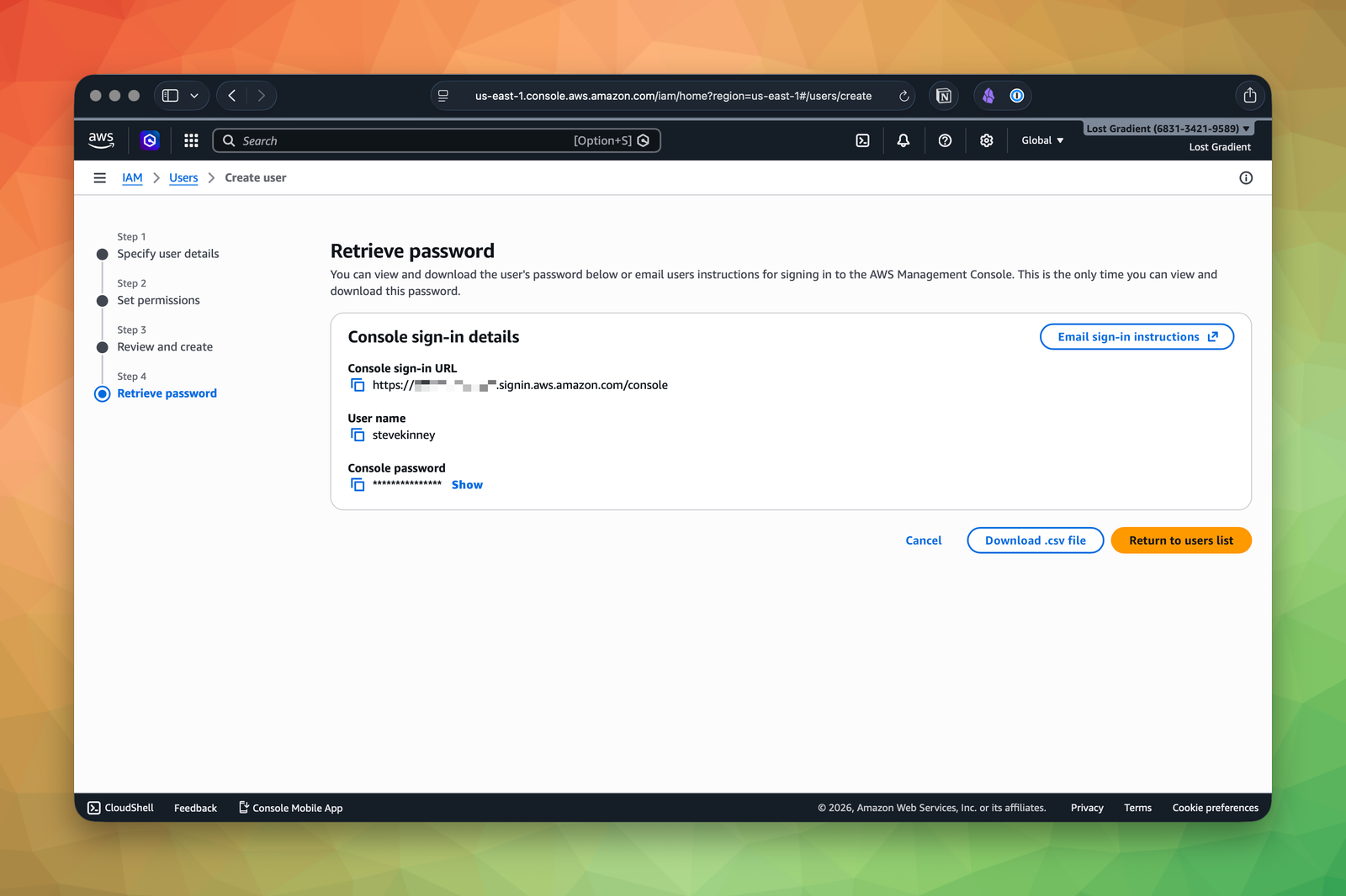 User creation completion screen showing the IAM console sign-in URL, username, and initial password details.