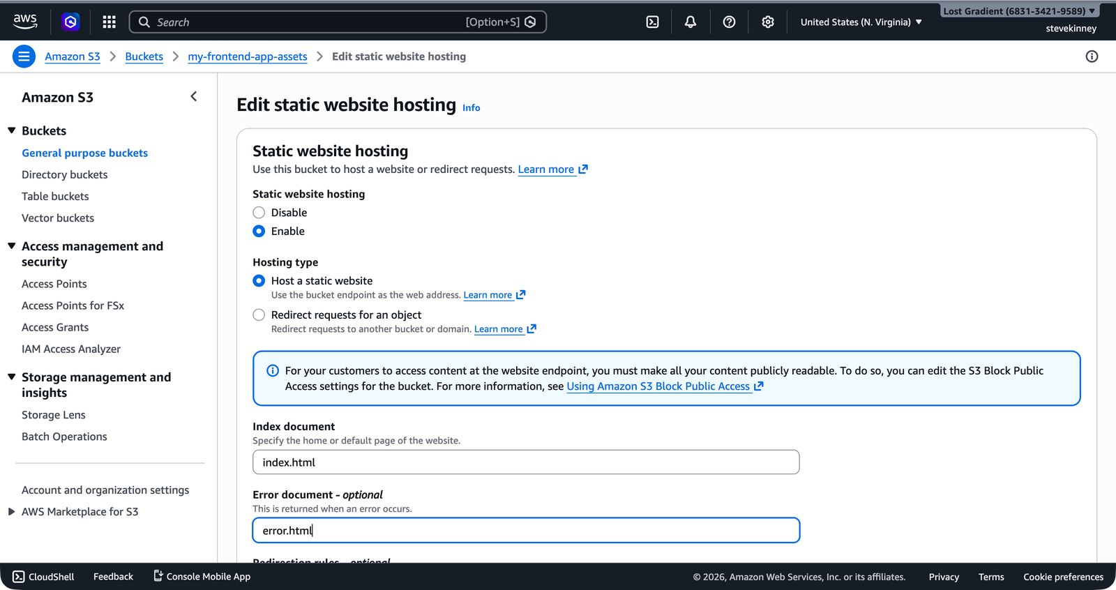 The S3 Edit Static Website Hosting form showing the feature enabled with index document set to index.html and error document set to error.html.