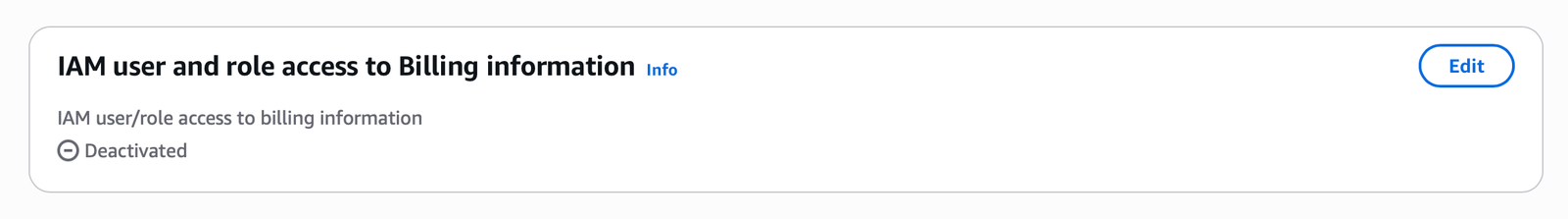 Billing settings section showing IAM user and role access to Billing information deactivated.