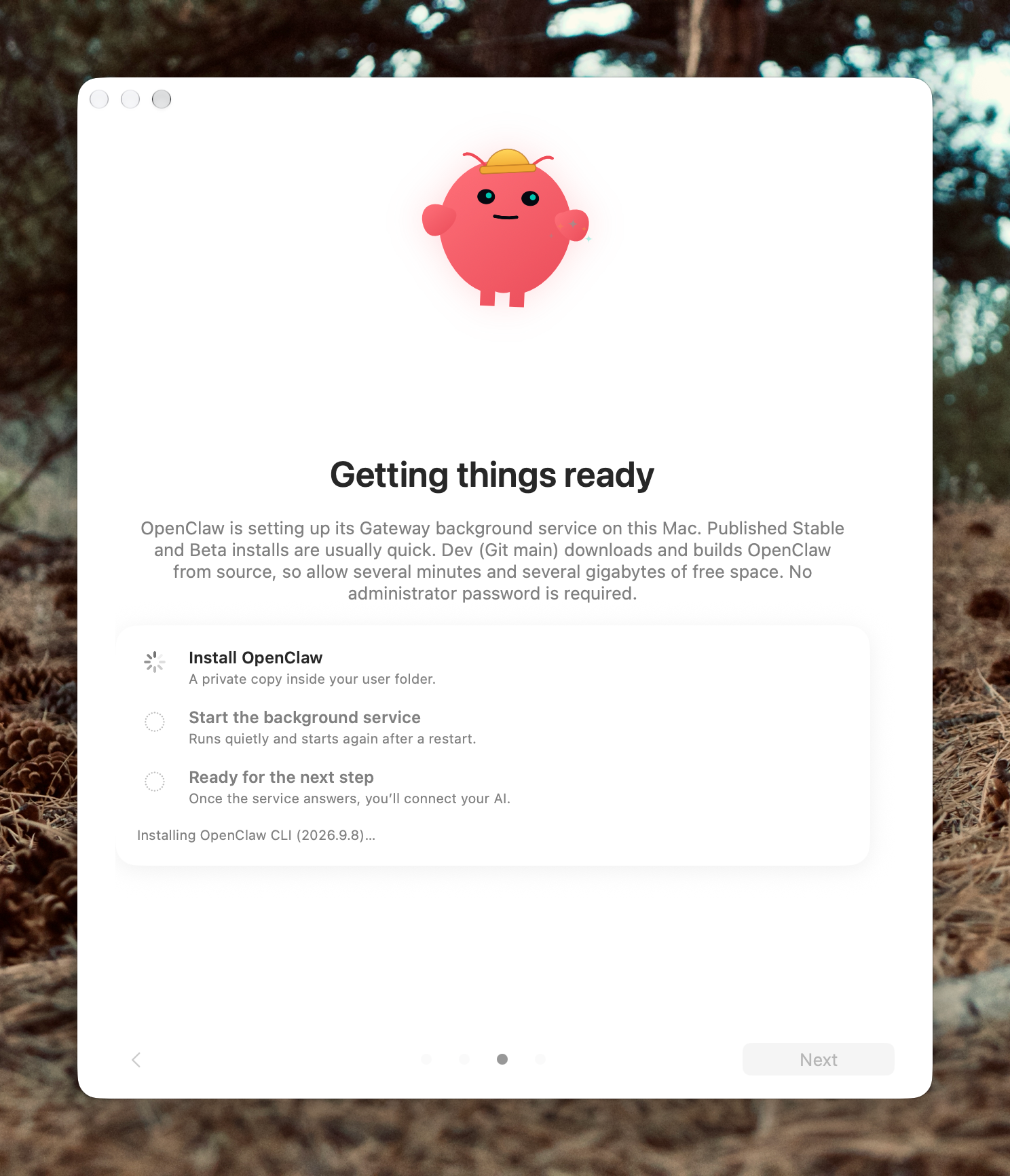 The onboarding screen installing OpenClaw and starting the Gateway background service
