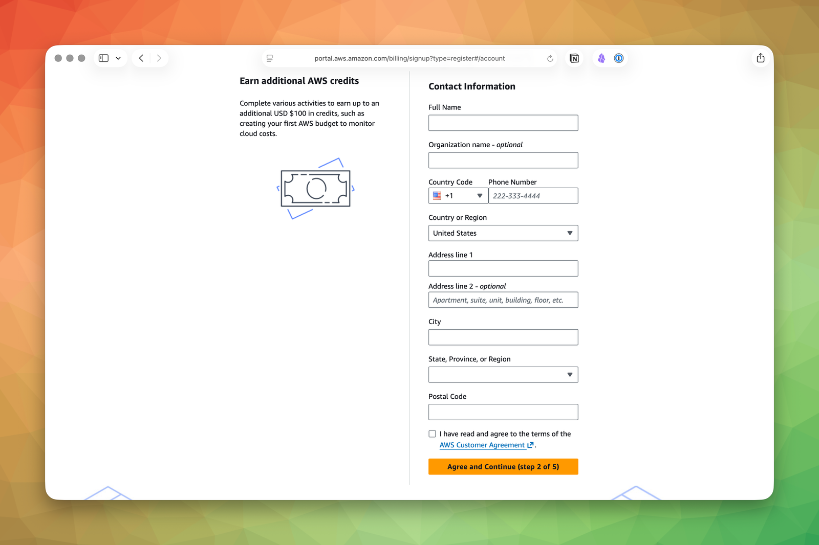 Contact information form during AWS account creation asking for name, phone number, address, and country.