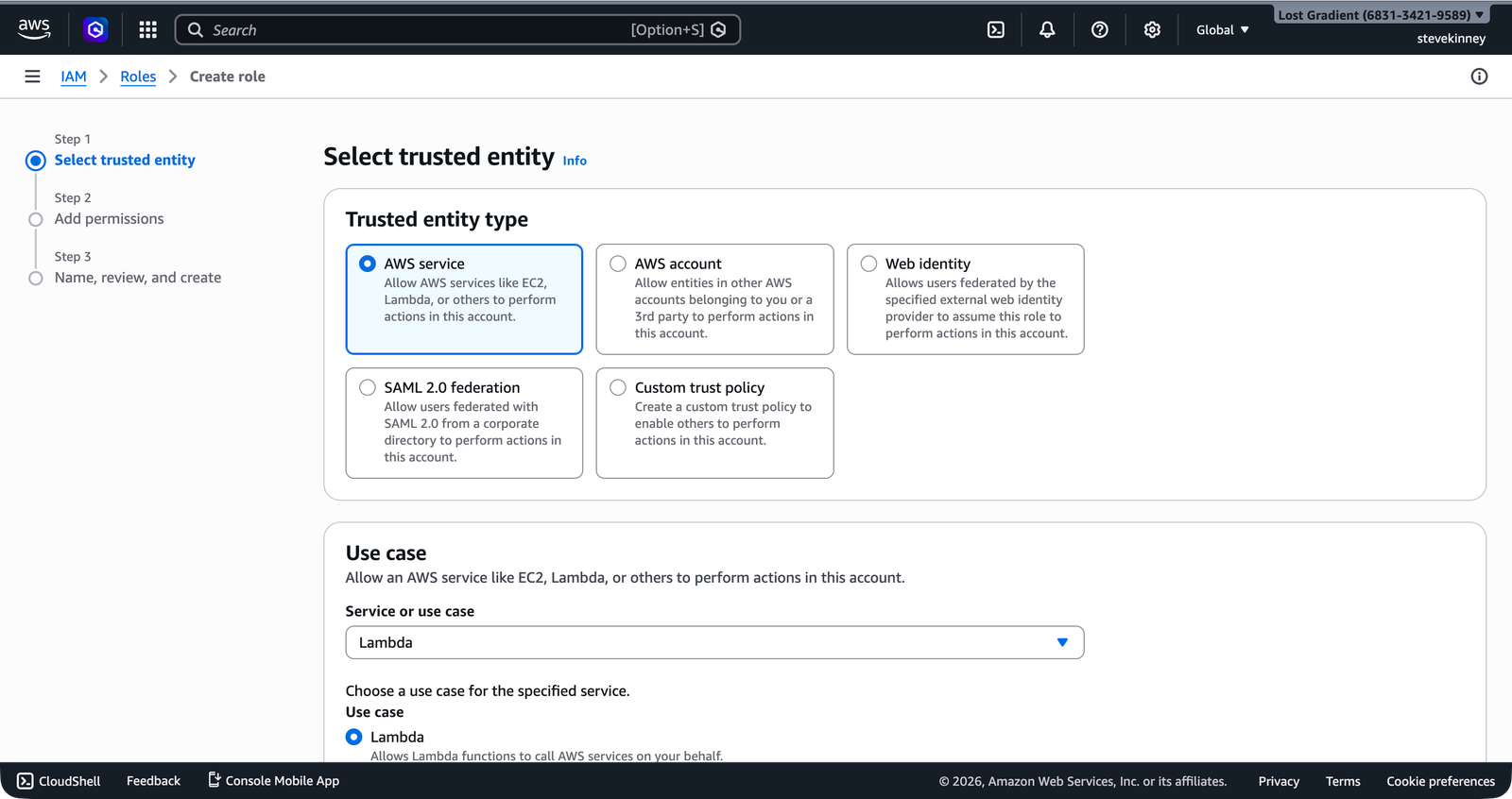 The IAM Create Role page with AWS service selected as the trusted entity type and Lambda chosen as the service or use case.
