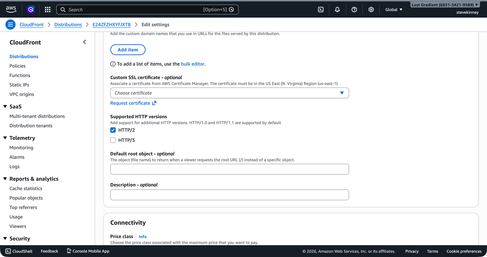 The CloudFront Edit settings form showing the Custom SSL certificate field with an empty Choose certificate dropdown, indicating the default CloudFront certificate is in use.