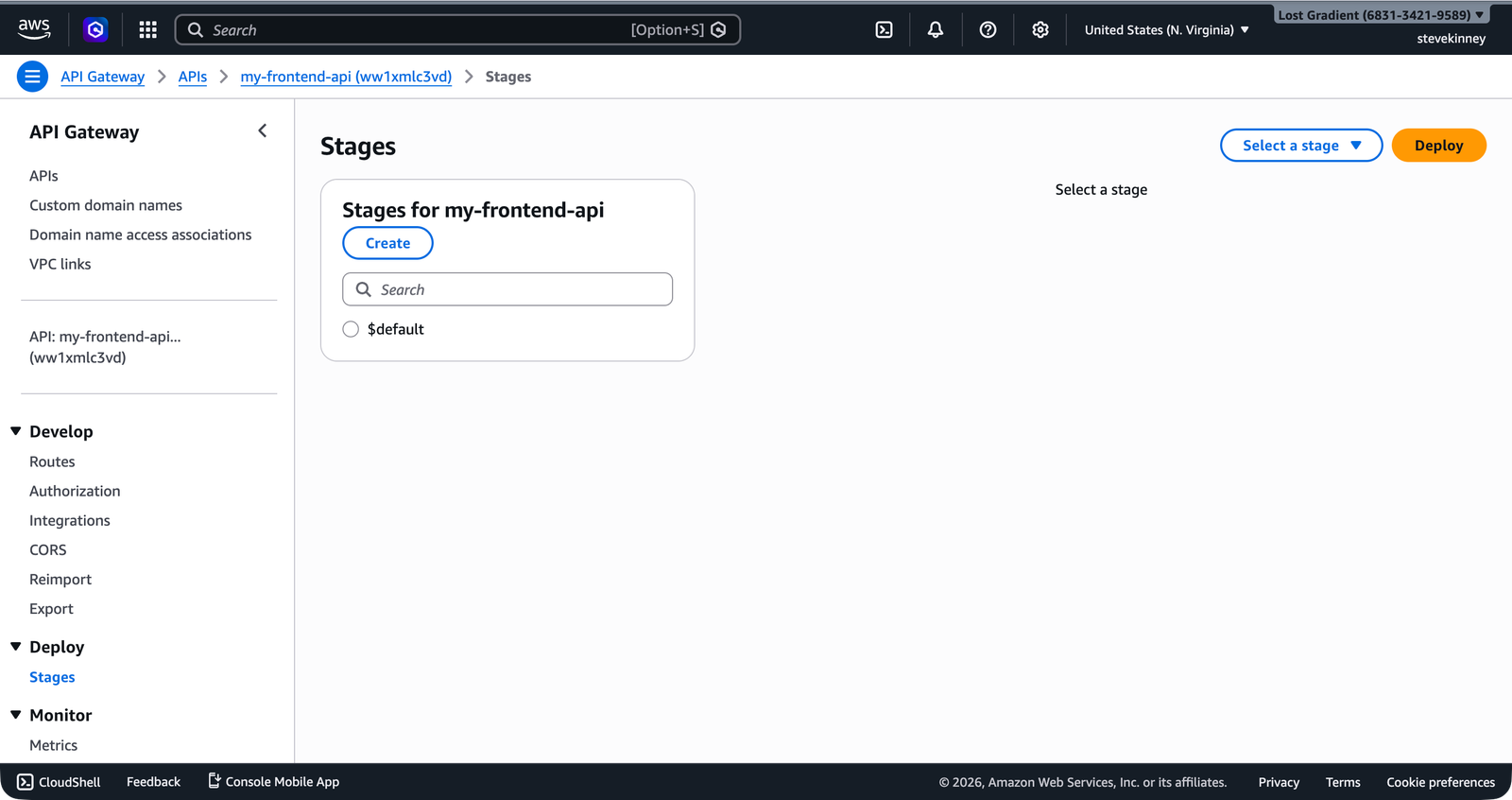 The API Gateway Stages page showing the $default stage listed with options to select it and view its details including the invoke URL.