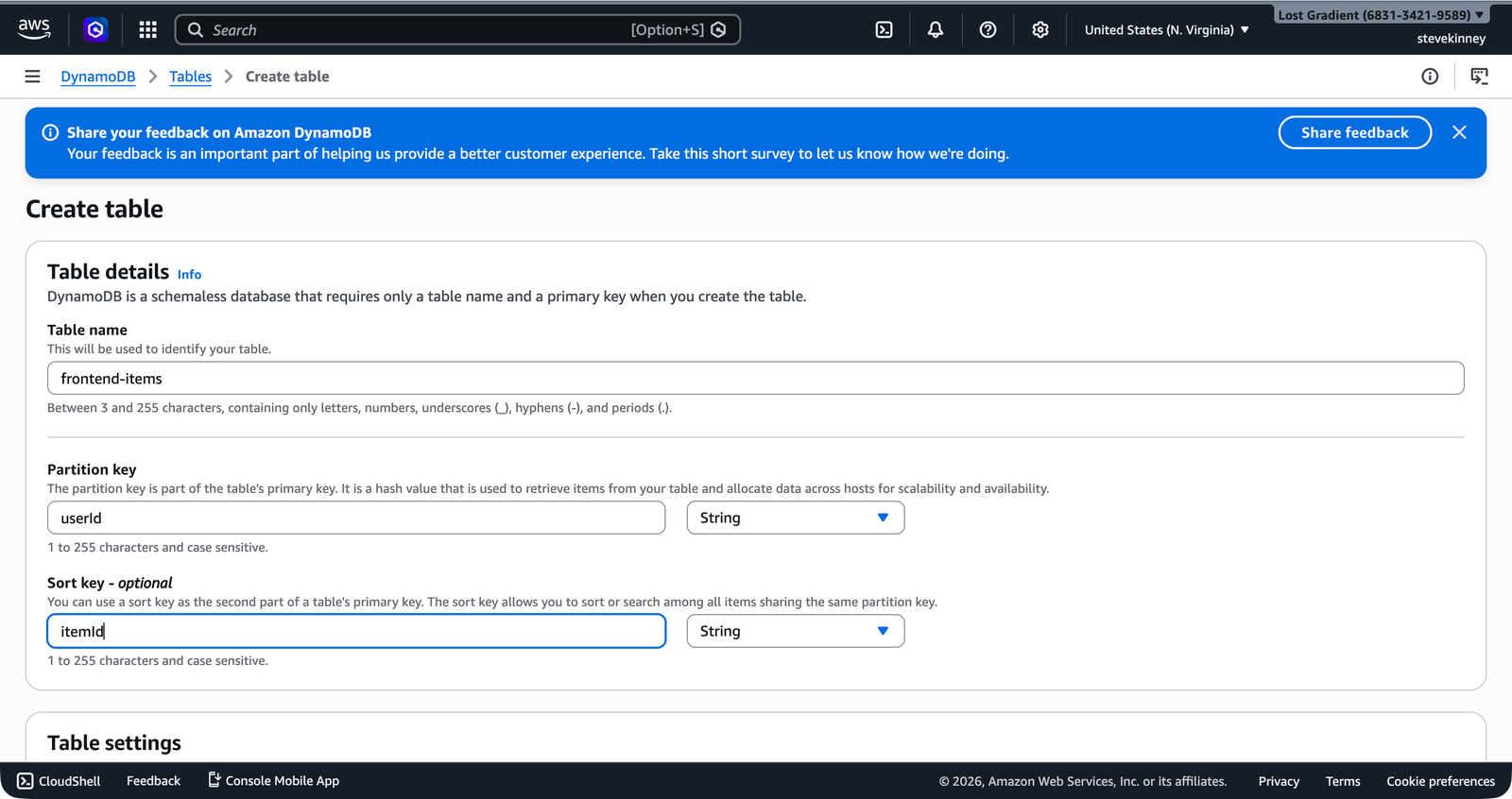 The DynamoDB Create table form showing the table name frontend-items, partition key userId of type String, and sort key itemId of type String.
