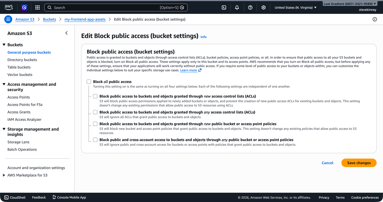 The S3 Edit Block Public Access form with all four checkboxes unchecked, ready to save.