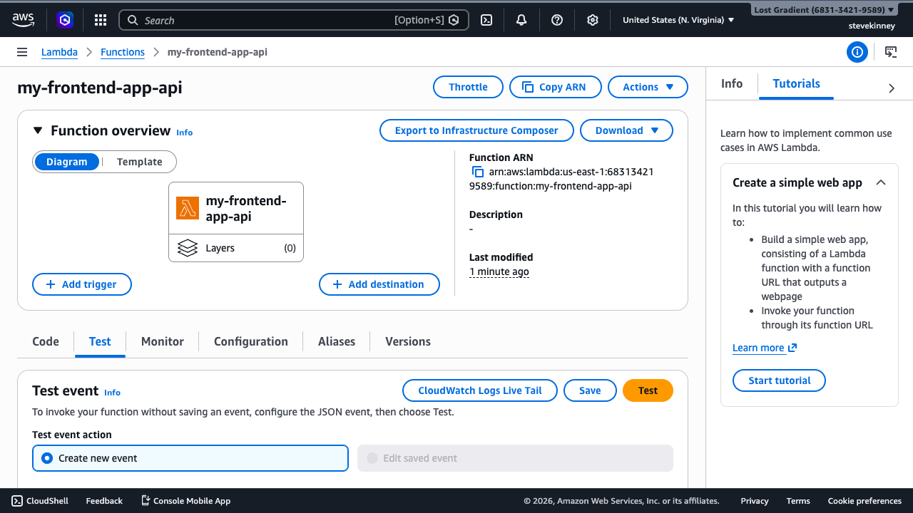 The Lambda Test tab showing the Create new event option selected with the Event JSON editor ready for input.