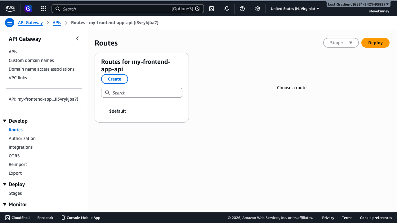 The API Gateway Routes page showing the routes tree with a $default catch-all route and the Lambda integration attached.