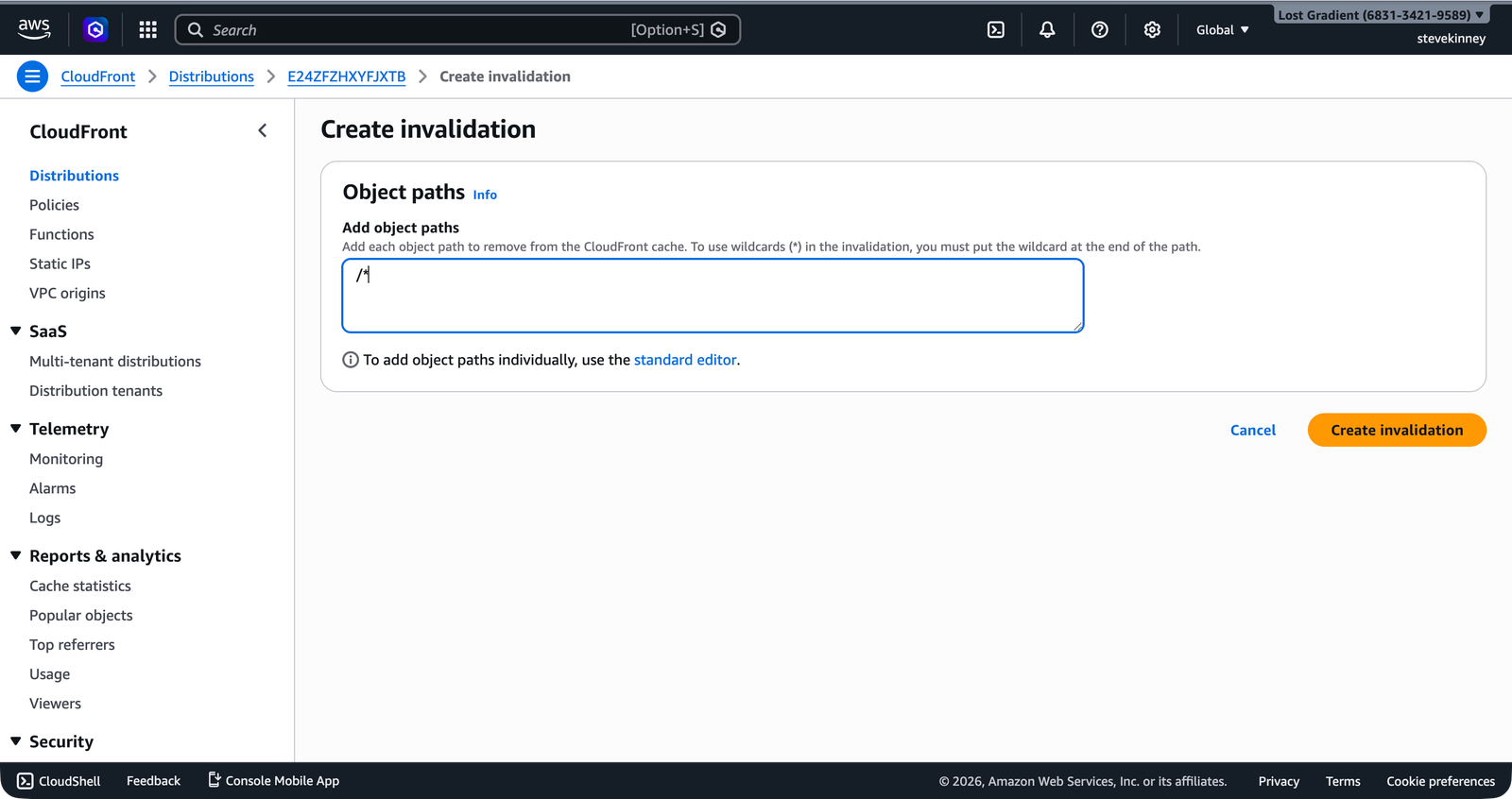 The CloudFront Create Invalidation form with /* entered in the object paths field.
