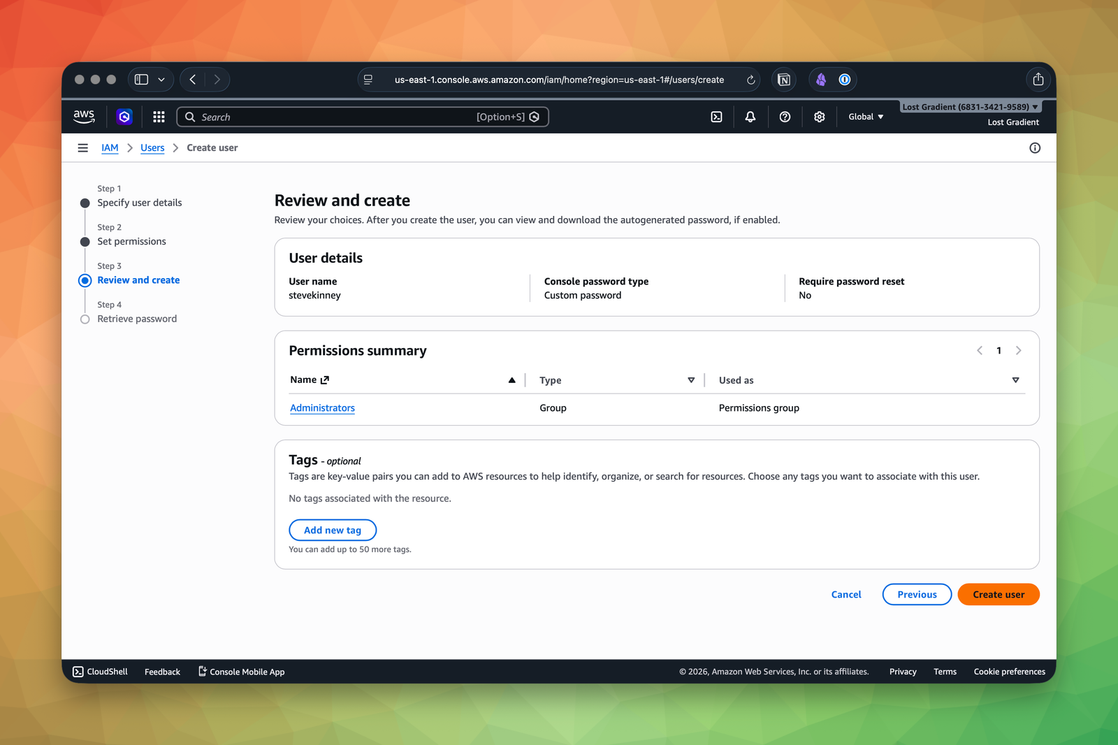 Review and create screen in IAM showing the selected username and Administrators group assignment.