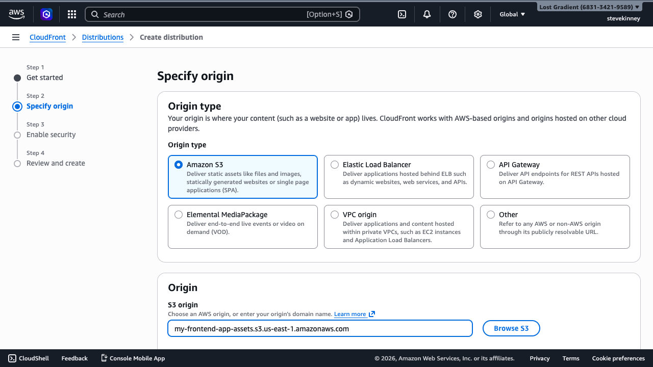 The CloudFront Create Distribution wizard Step 2, showing Amazon S3 selected as the origin type with the S3 bucket URL filled in.
