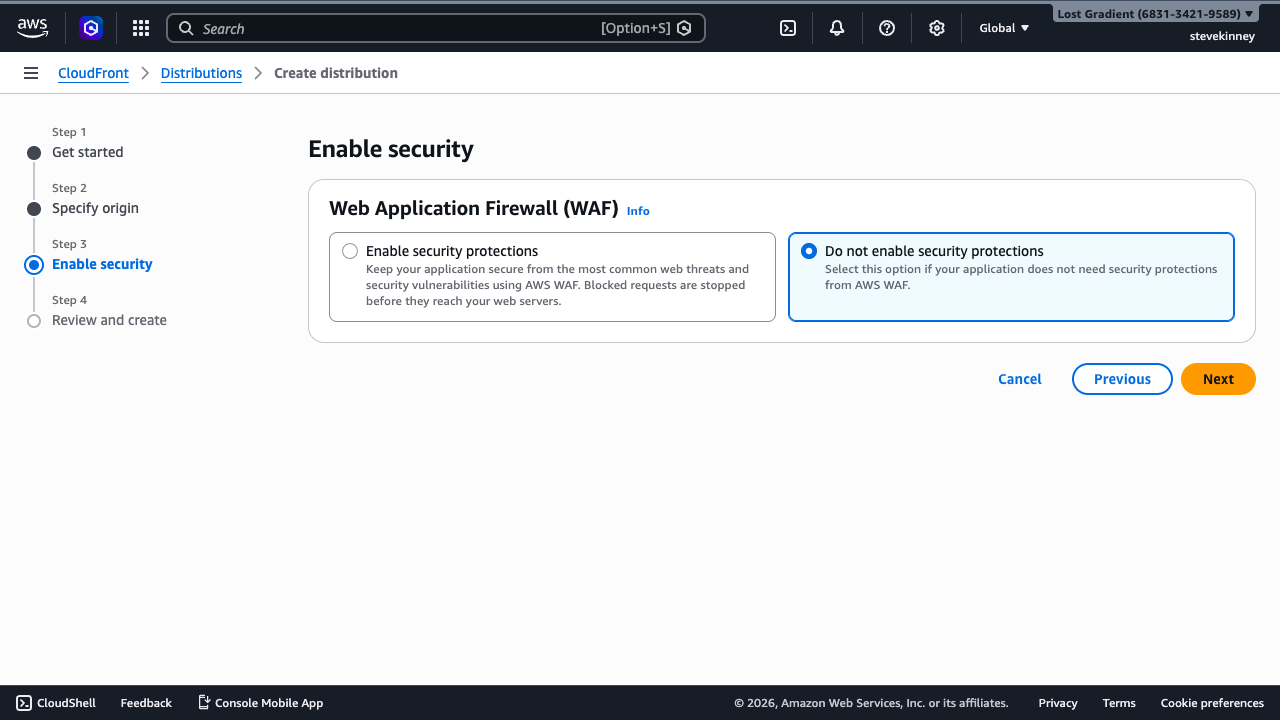The CloudFront security step showing WAF options with Do not enable security protections selected.