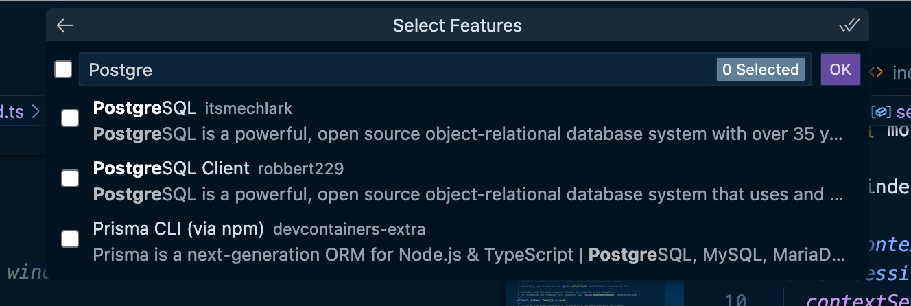Filtered list of dev container features