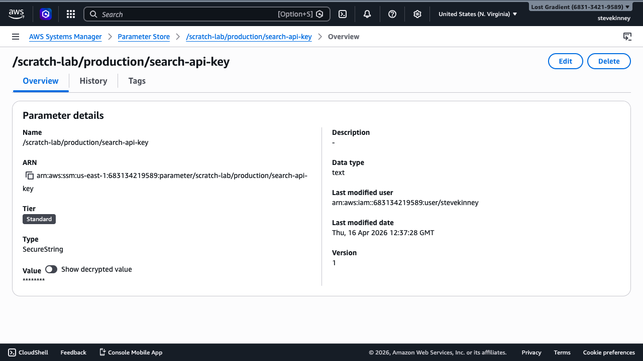 The Parameter Store detail view showing the SecureString parameter with its ARN, type, tier, and masked value.