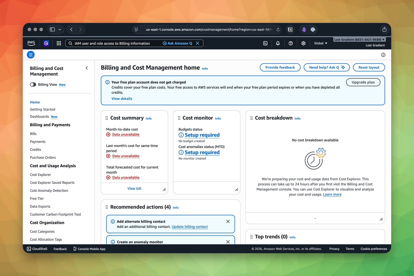Billing and Cost Management home showing the cost summary, cost monitor, and recommended actions panels.