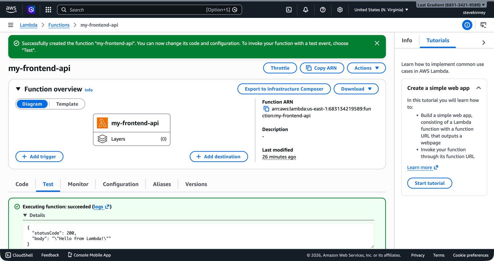 The Lambda Test tab showing the execution result as Succeeded with the response JSON expanded showing statusCode 200 and the Hello from Lambda body.