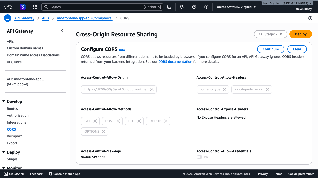 The API Gateway CORS configuration page showing the Access-Control-Allow-Origin, Access-Control-Allow-Methods, and other CORS fields with their current values.