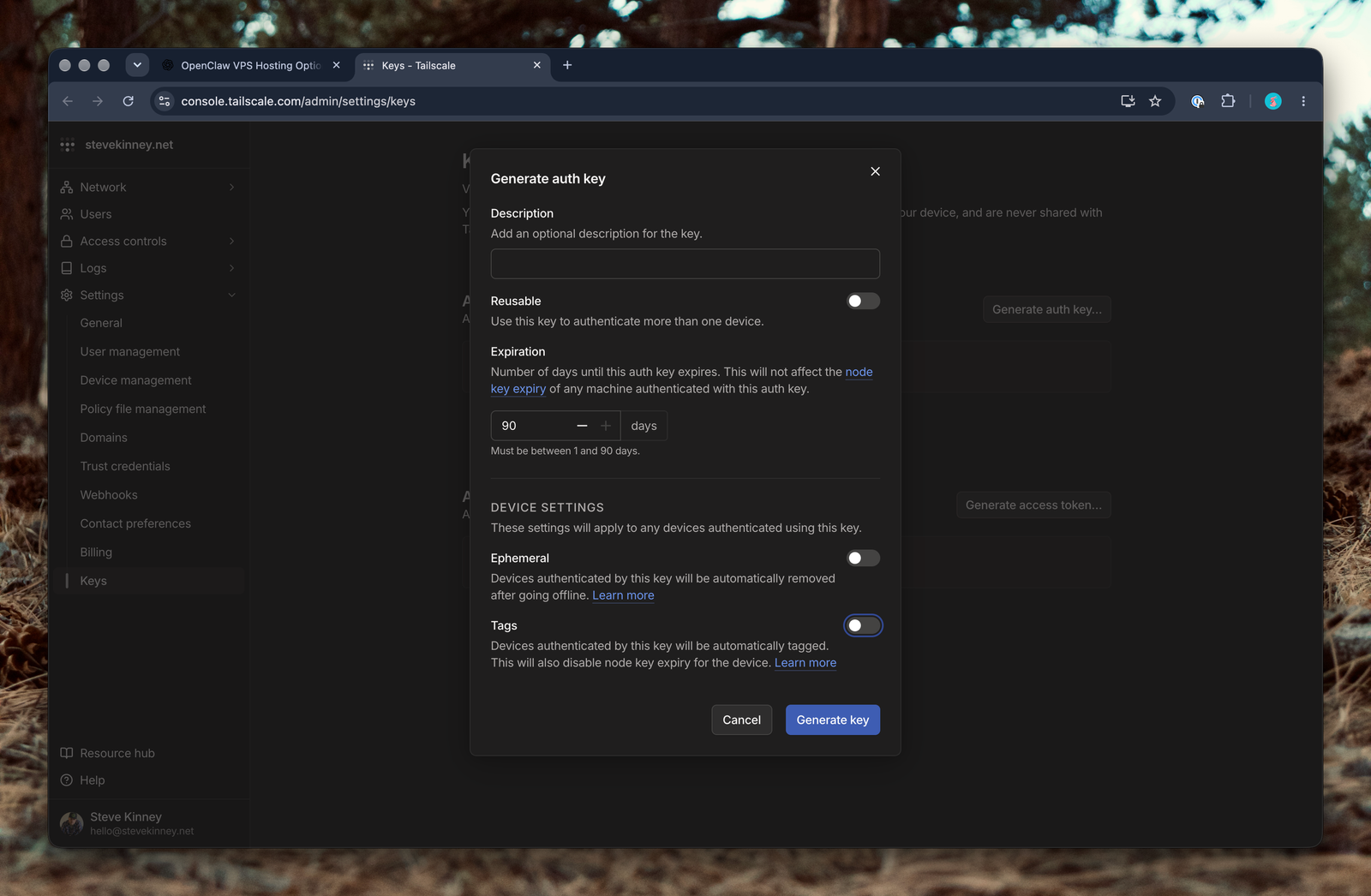 The Tailscale Generate auth key dialog with Reusable, Ephemeral, and Tags toggles