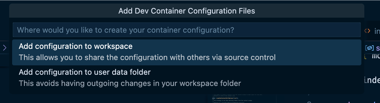 Visual Studio Code interface showing the Dev Containers command location