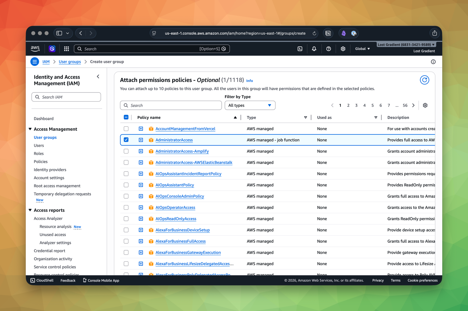 Create user group flow in IAM with AdministratorAccess selected in the permissions list.
