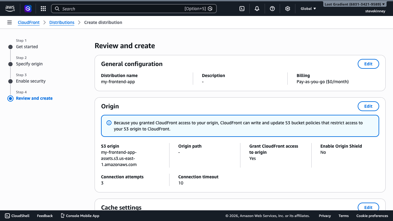 The CloudFront review step showing the distribution name, S3 origin, OAC access granted, and cache settings before creation.