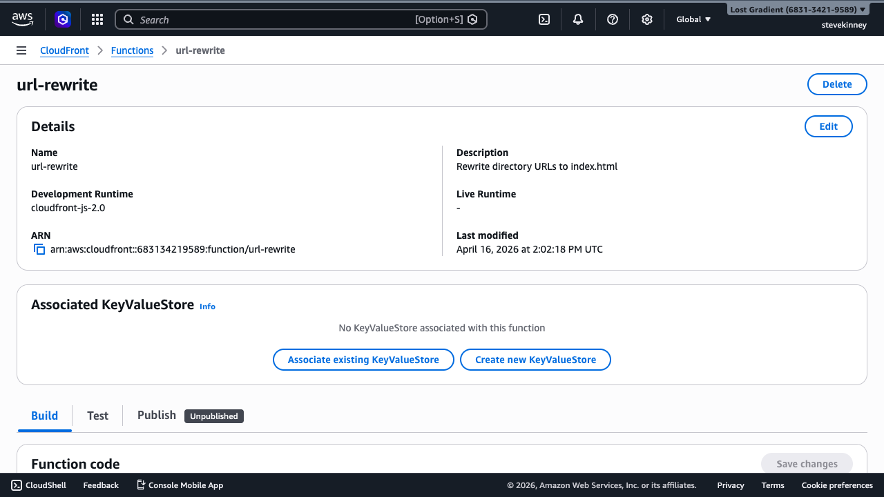 The CloudFront function detail page showing the url-rewrite function with Build, Test, and Publish tabs and the function code editor below.