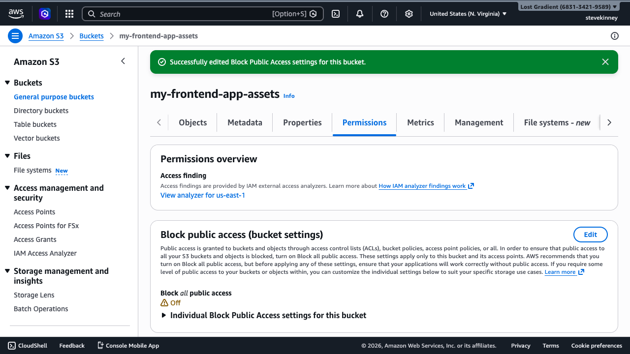 The S3 bucket Permissions tab showing Block Public Access labeled Off with a success banner confirming the change was saved.