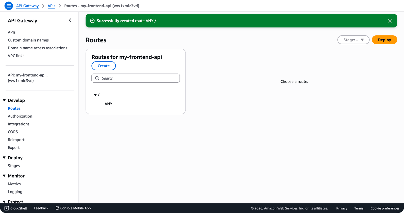 The API Gateway Routes page showing the ANY / route created for the my-frontend-api HTTP API.